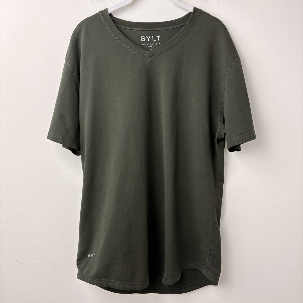 BYLT T Shirt Drop Cut V Neck Mens Large Green Stretch Athletic Minimalist Casual